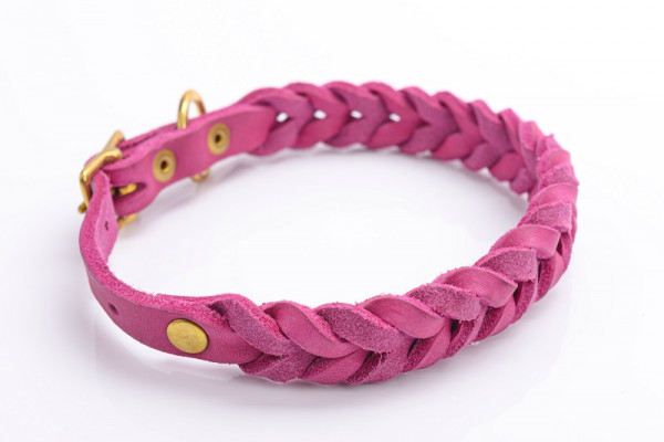 Fettleder-Halsband Braidy mit Schnalle Pink Messing